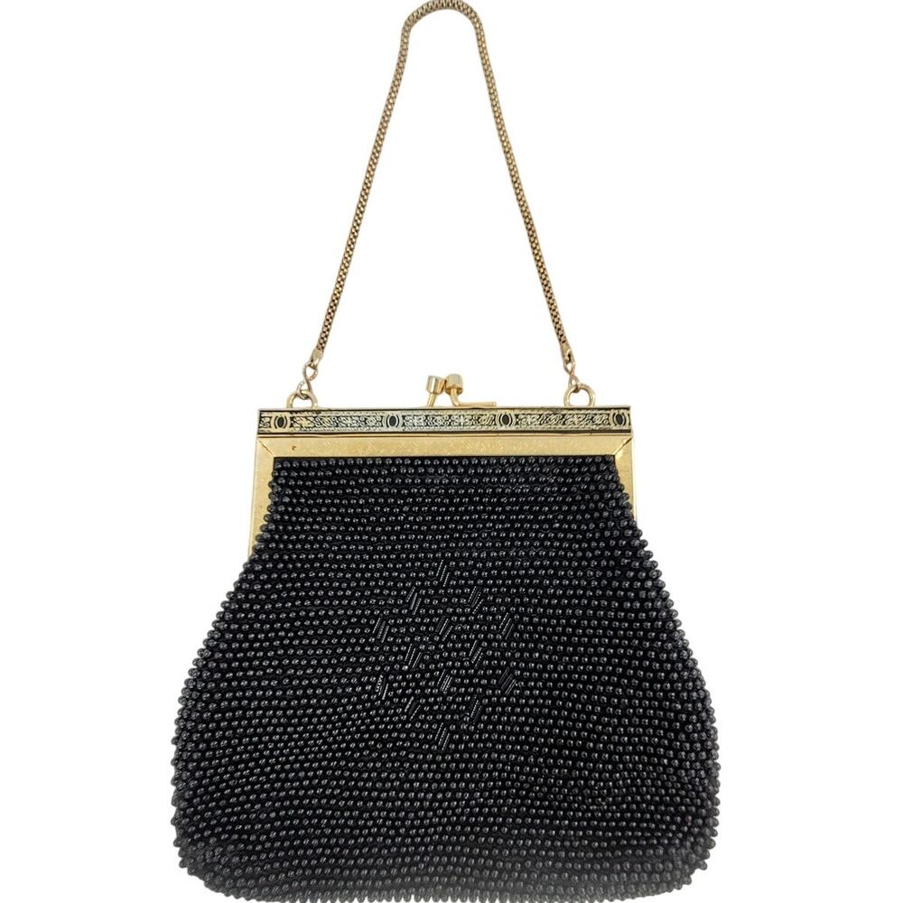 Art Deco Black Beaded Evening Bag with‎ Gold Frame Vintage Cocktail Purse